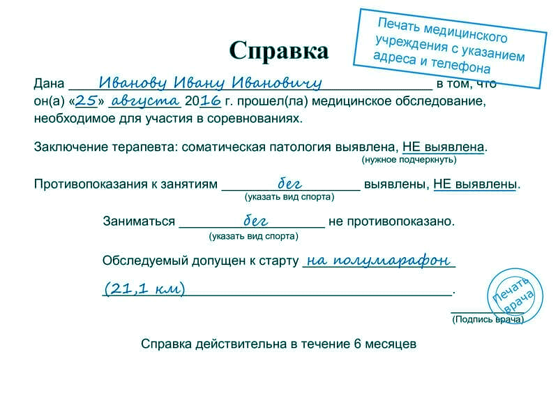 Медицинская справка для участия в марафоне